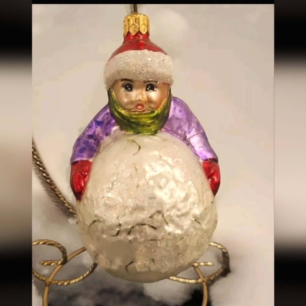 Christopher Radko Child Building a Snowman Glass Ornament Made in Poland